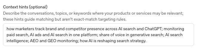 An interface view of a context hint inside chatgpt ads manager describing AI Search ads intelligence.
