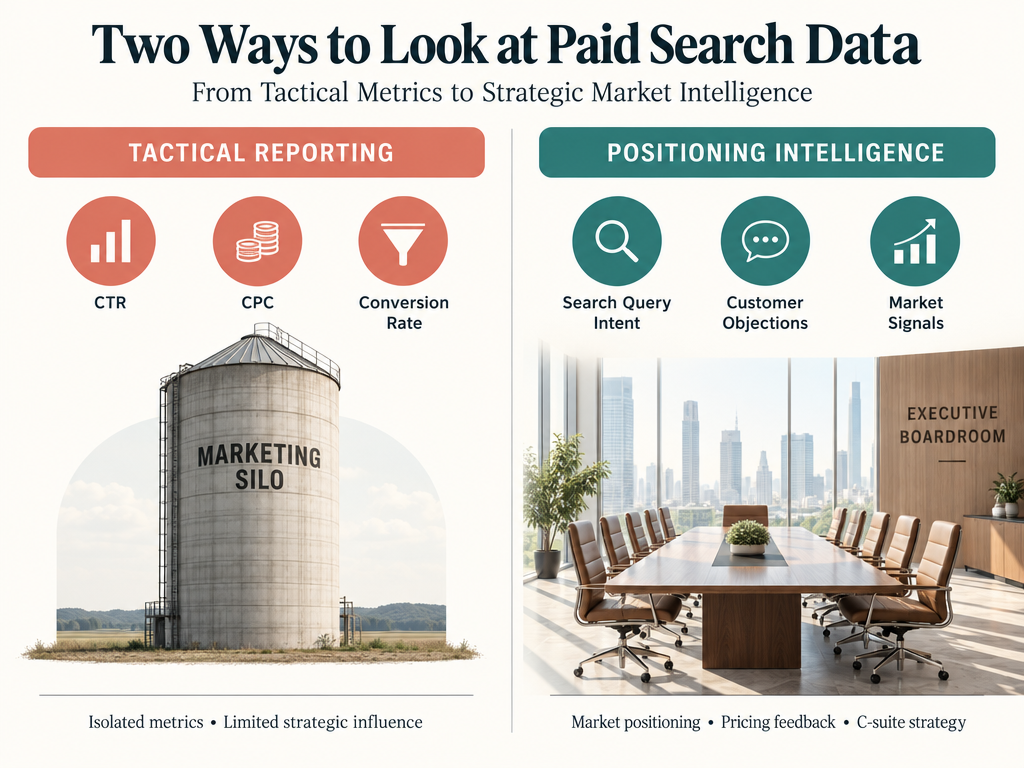 Diagram illustrating the difference between tactical efficiency reporting and strategic search query positioning intelligence