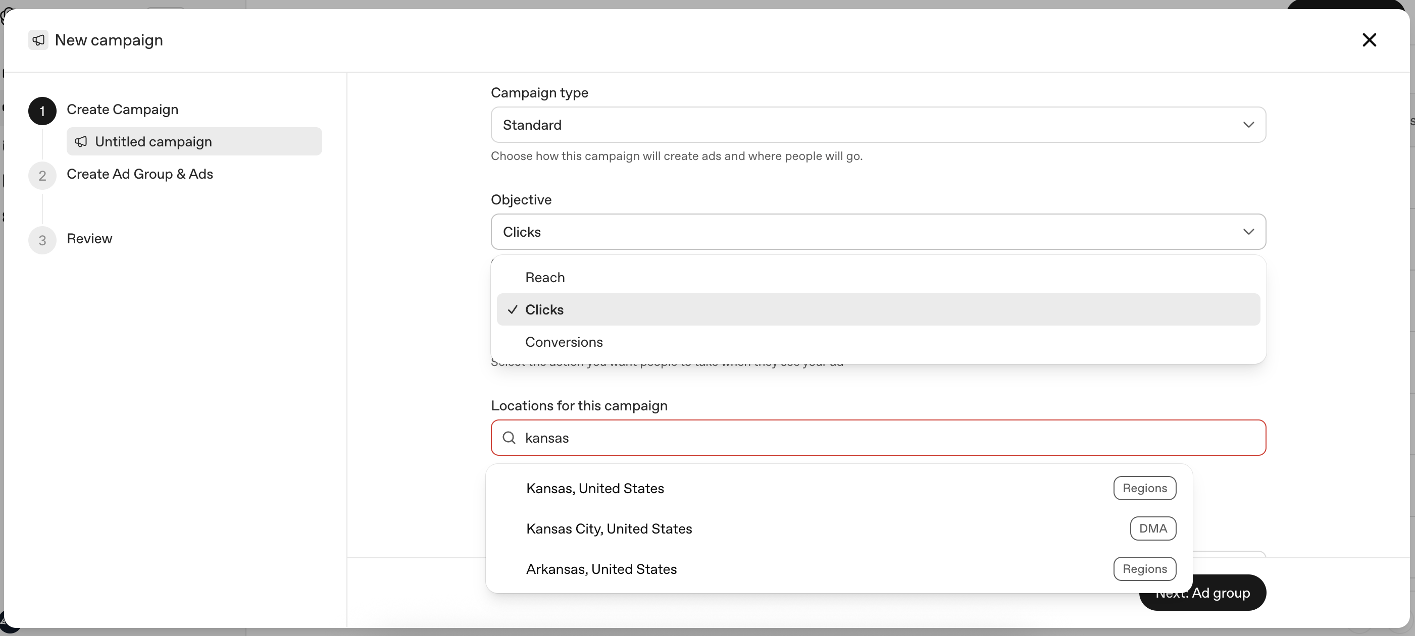 ChatGPT campaign settings - including optimising for conversions, new location options.